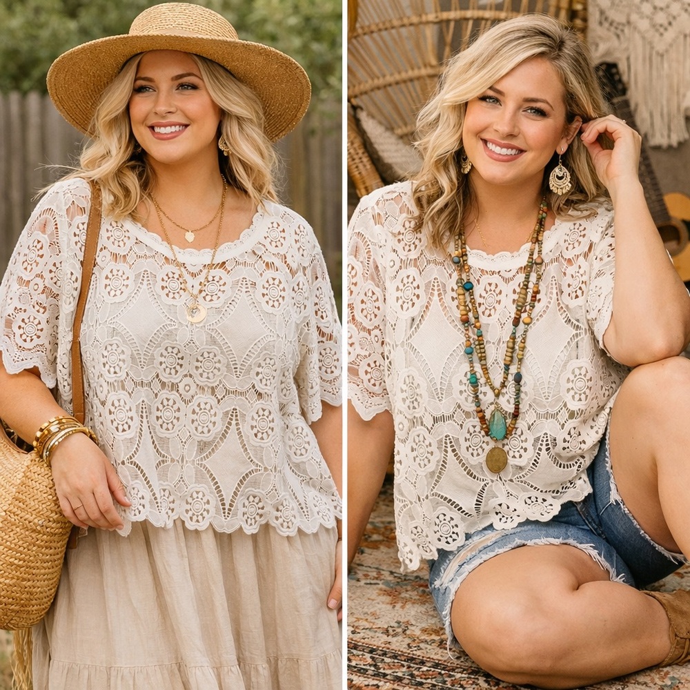 Umgee Cream Crochet Lace Short Sleeve Boho Blouse